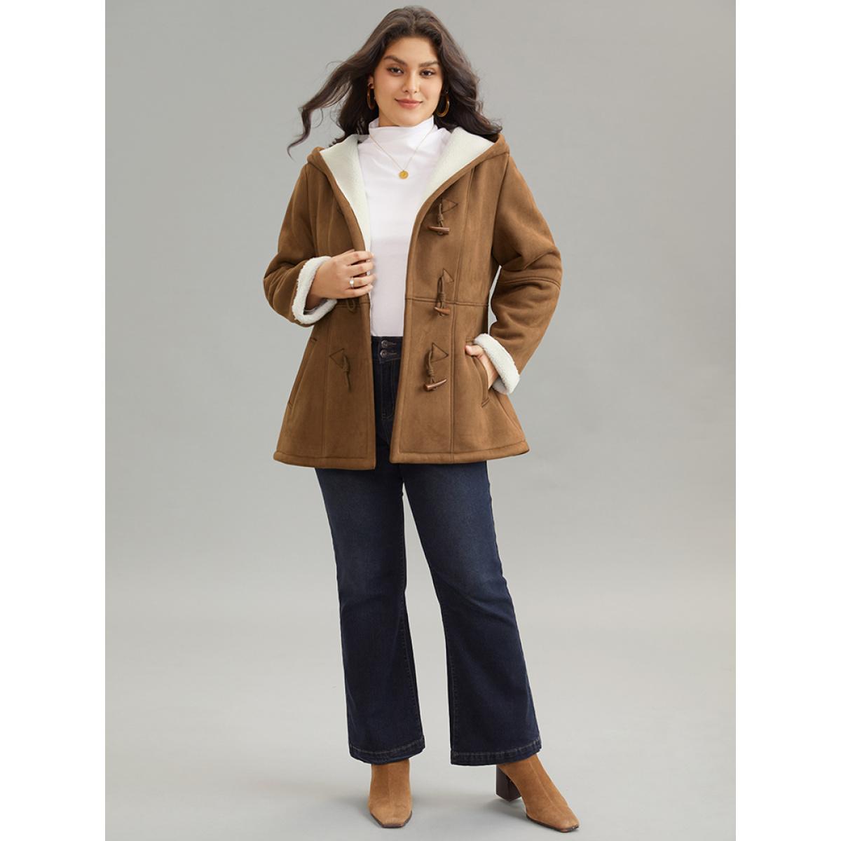 Plus Size Contrast Duffle Button Fluffy Hooded Coat Women DarkBrown Casual Lined Ladies Dailywear Winter Coats BloomChic 12/L Product Image