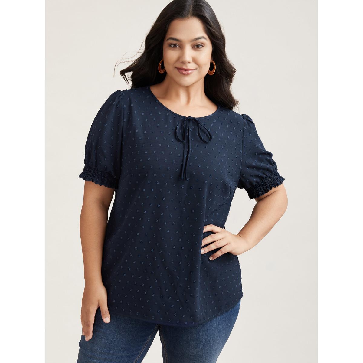Plus Size Indigo Shirred Puff Sleeve Neck-Tie Shirt Women Office Short sleeve Round Neck Vacation Blouses BloomChic 14-16/1X Product Image