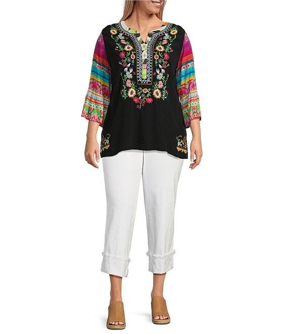 John Mark Plus Size Embroidered Floral Y-Neck 3/4 Sleeve Tunic Product Image