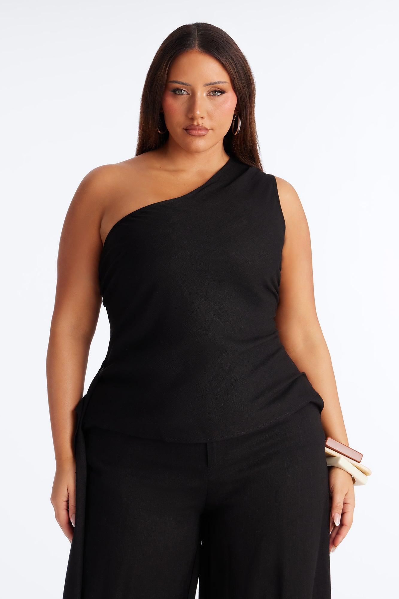 Zya One Shoulder Linen Balloon Pant Set - Black Female Product Image