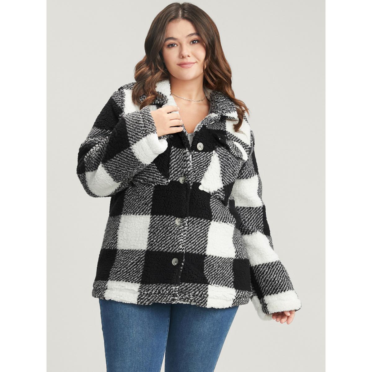 Plus Size Plaid Flap Pocket Button Front Coat Women Black Casual Button Ladies Dailywear Winter Coats BloomChic 30/6X Product Image