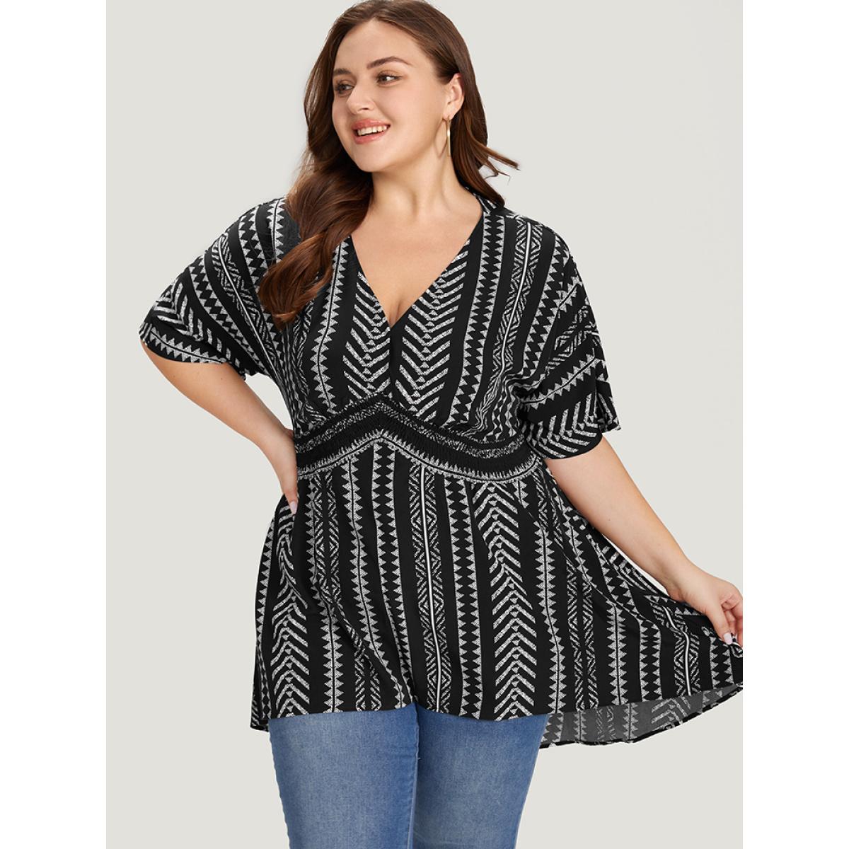 Plus Size Black Bandana Print High Low Hem Patchwork Blouse Women Elegant Short sleeve Deep V-neck Vacation Blouses BloomChic 14-16/1X Product Image
