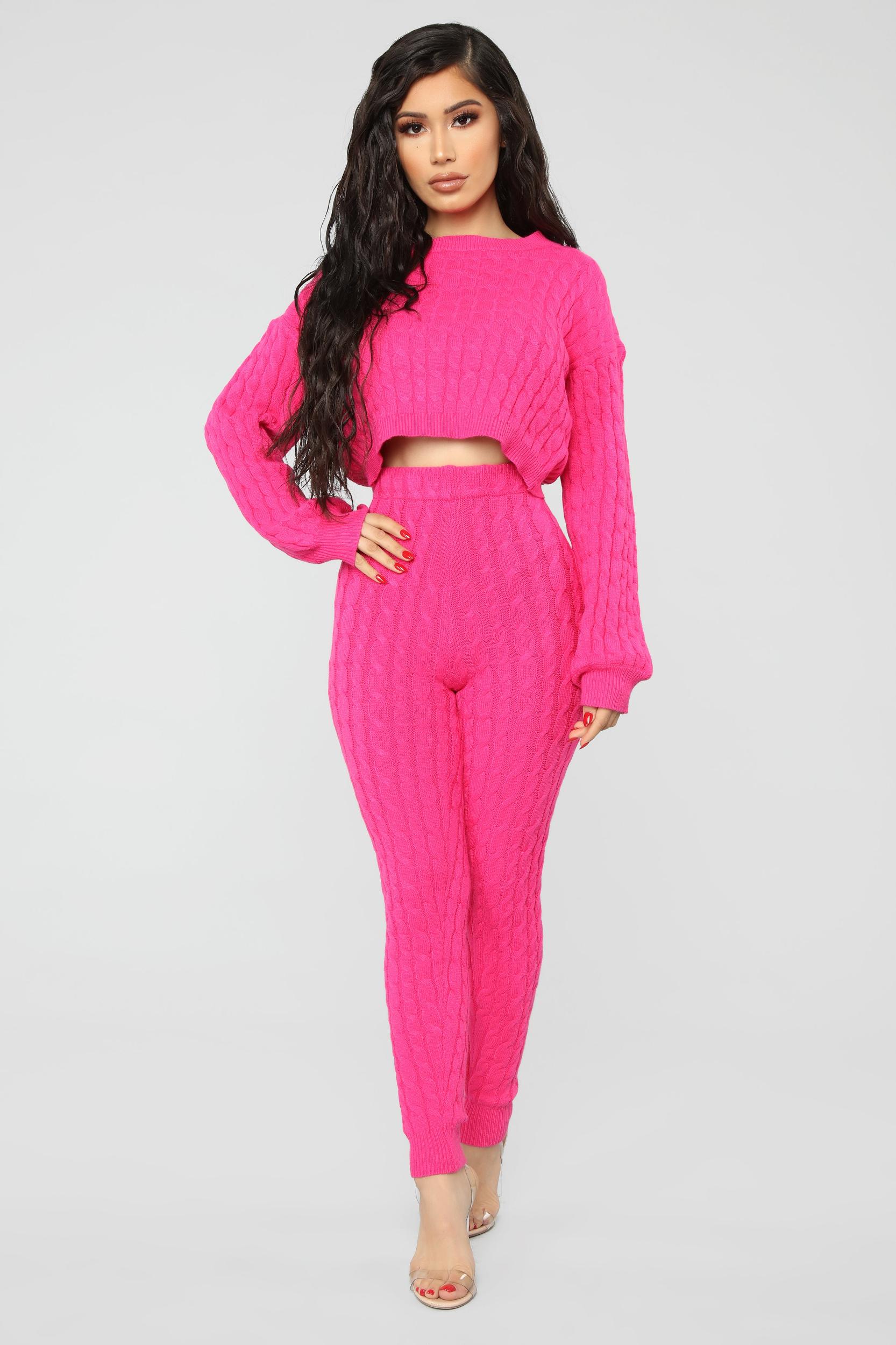 Sweater Sweetie Pant Set - Neon Pink Product Image