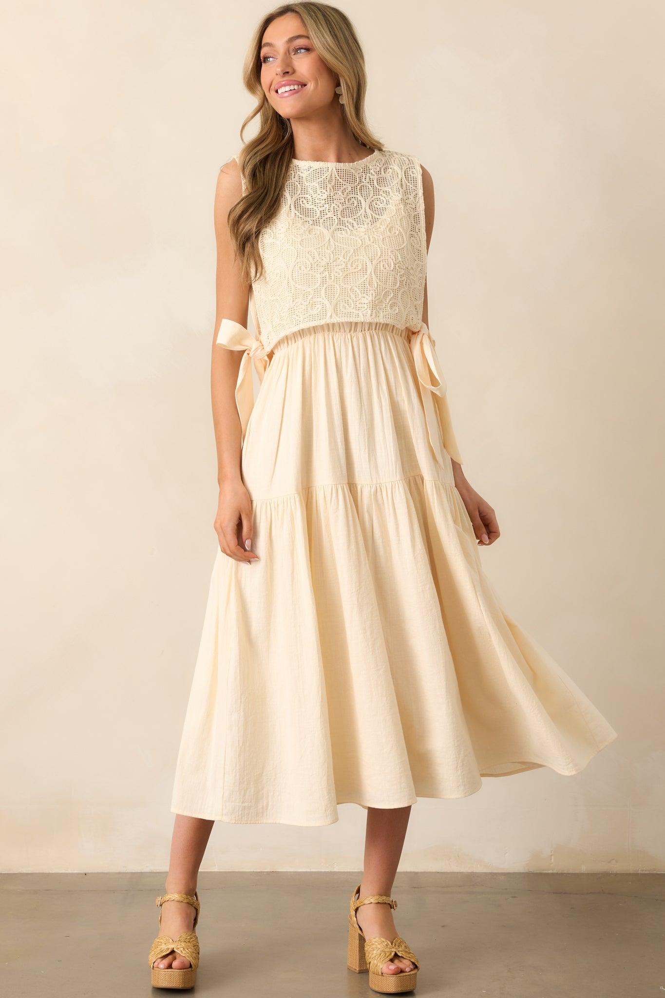 Everything & More Natural Cotton Crochet Bodice Midi Dress Product Image