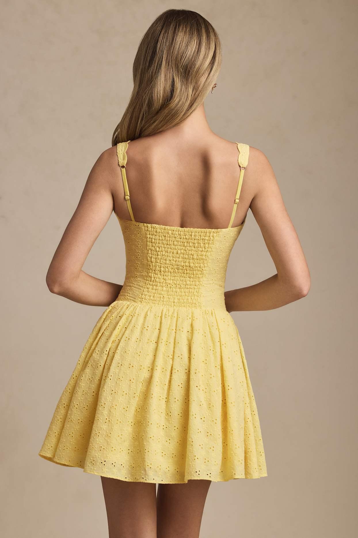 Broderie Anglaise Bow-Detail A-Line Mini Dress in Pastel Yellow Product Image