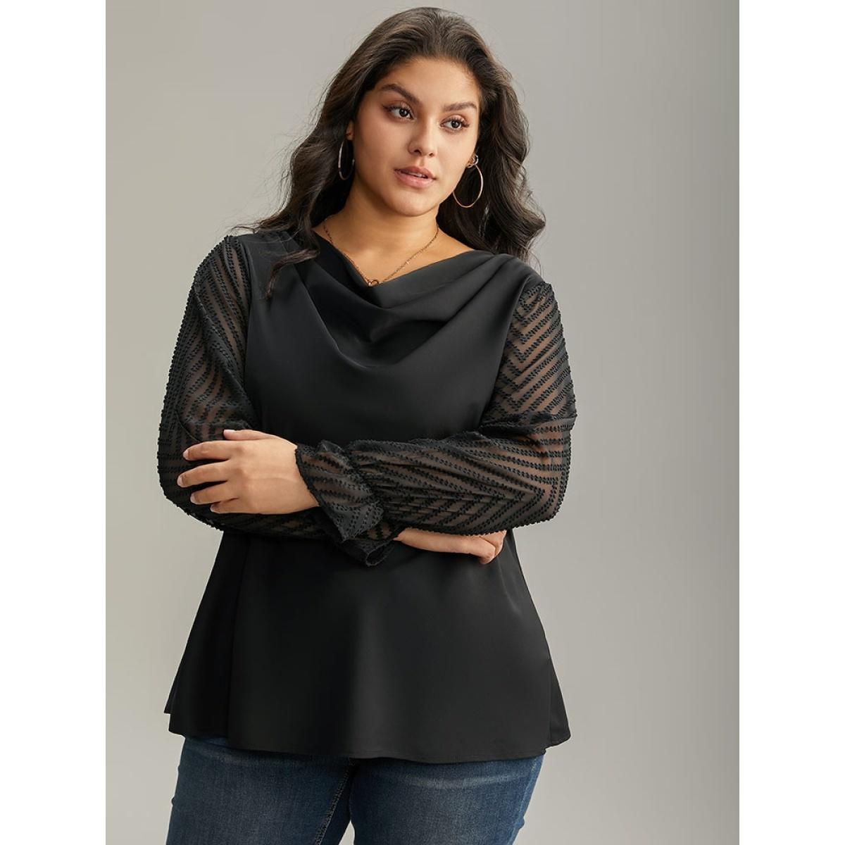 Plus Size Black Patchwork Mesh Texture Cowl Neck Blouse Women Office Long Sleeve Cowl Neck Work Blouses BloomChic 12/L Product Image