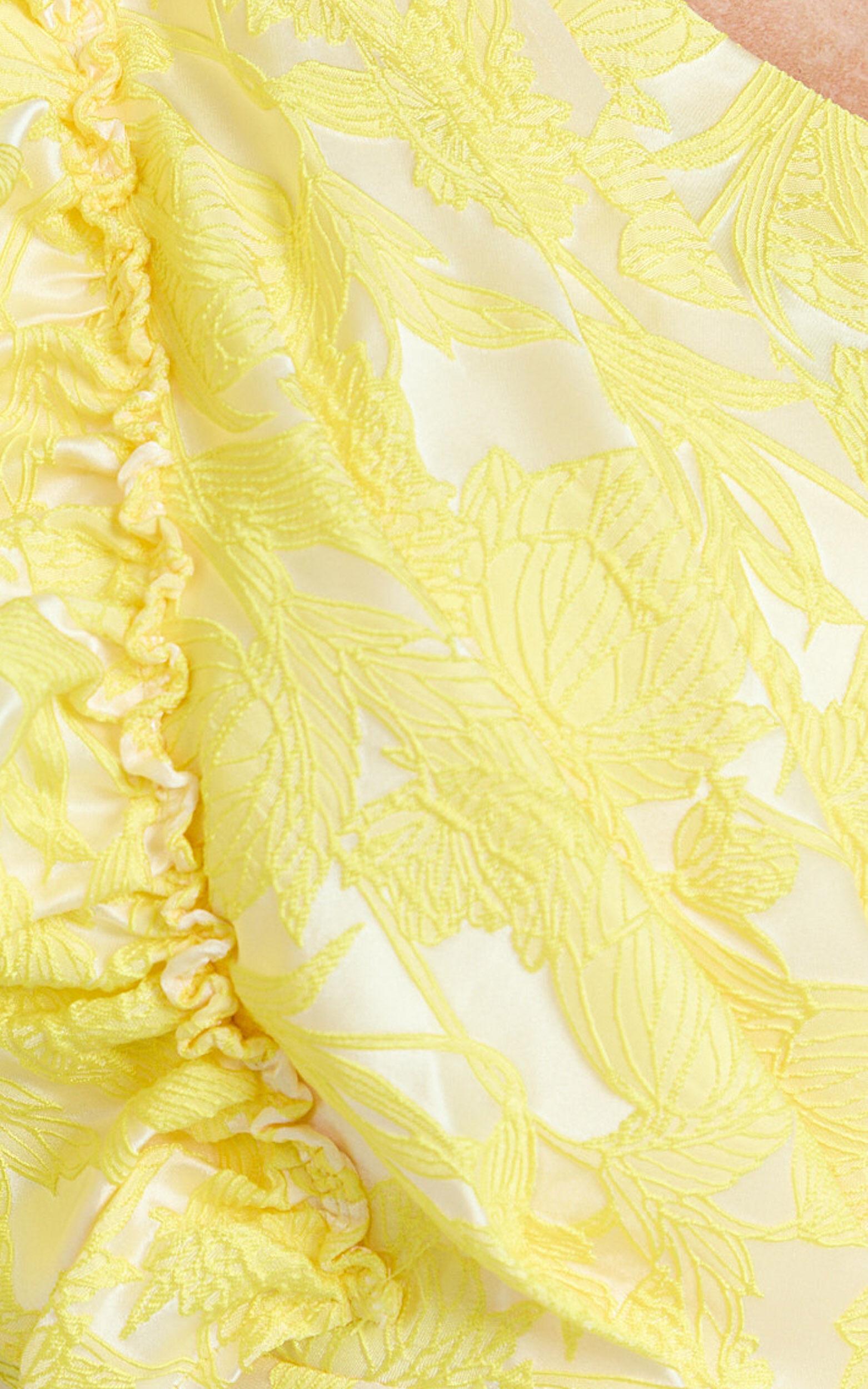 Alfreda Midi Dress - One Shoulder Ruffle Detail Brailey Jacquard Dress in Yellow Jacquard Product Image