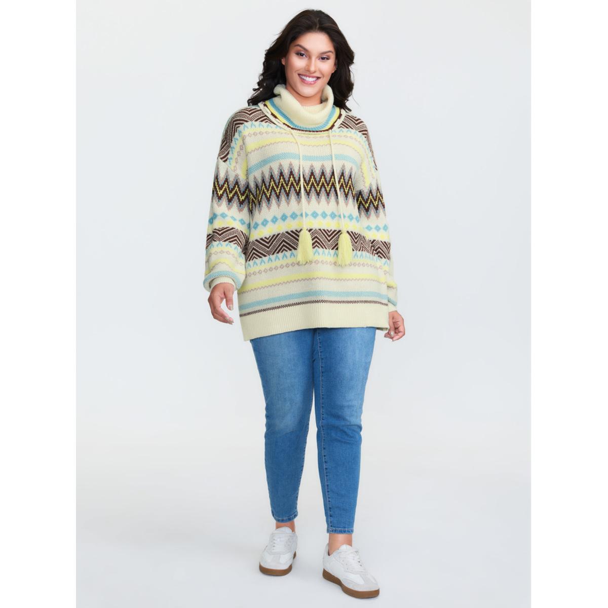 Plus Size Jacquard Boho Print Turtleneck Pullover Ivory Women Playful Loose Long Sleeve Ruffled collar Casual Pullovers BloomChic 30/6X Product Image