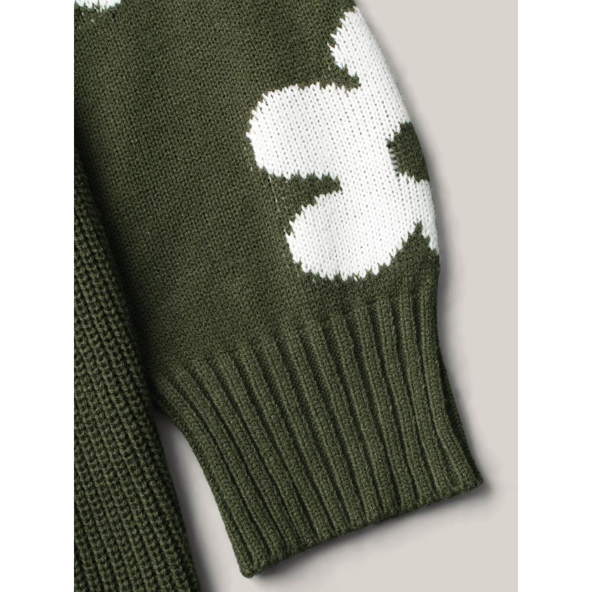 Plus Size Floral Patch Jacquard Cinched Waist Pullover ArmyGreen Women Timeless Bodycon Long Sleeve Square Neck Elegant Pullovers BloomChic 14-16/1X Product Image