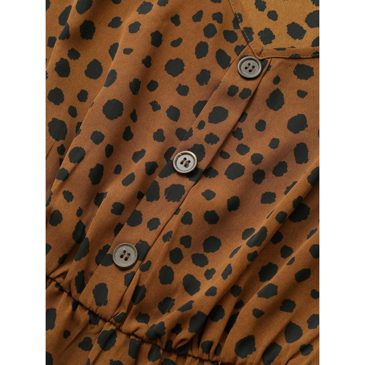 Plus Size Leopard Elastic Waist Pocket Button Detail Dress Chocolate Women Work From Home Non V-neck Elbow-length sleeve Curvy Midi Dress BloomChic 18-20/2X Product Image