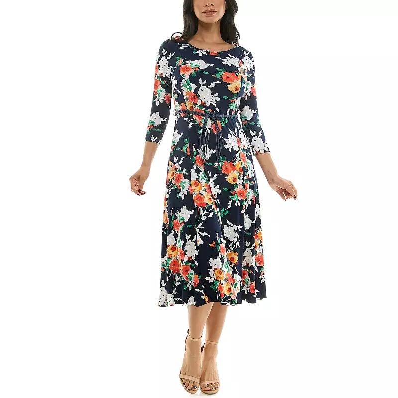 Women's Nina Leonard Sylvia Three-Quarter Sleeve Belted Midi Dress, Size: Large, Blue Team Product Image