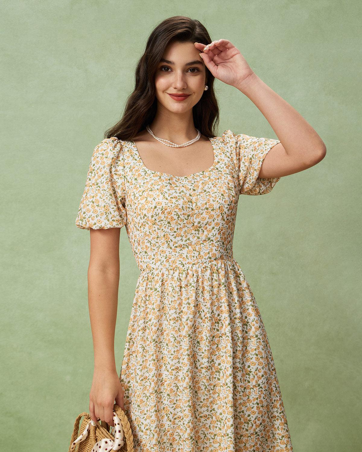 Yellow Floral Puffed Sleeve Midi Dress Product Image
