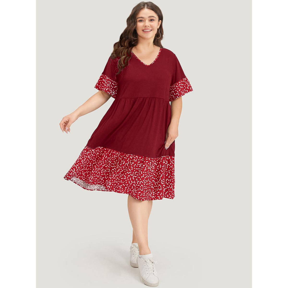Plus Size Supersoft Essentials Heart Print Patchwork Flutter Trim Dress Crimson Women Casual Gathered V-neck Short sleeve Curvy Midi Dress BloomChic 14-16/1X Product Image