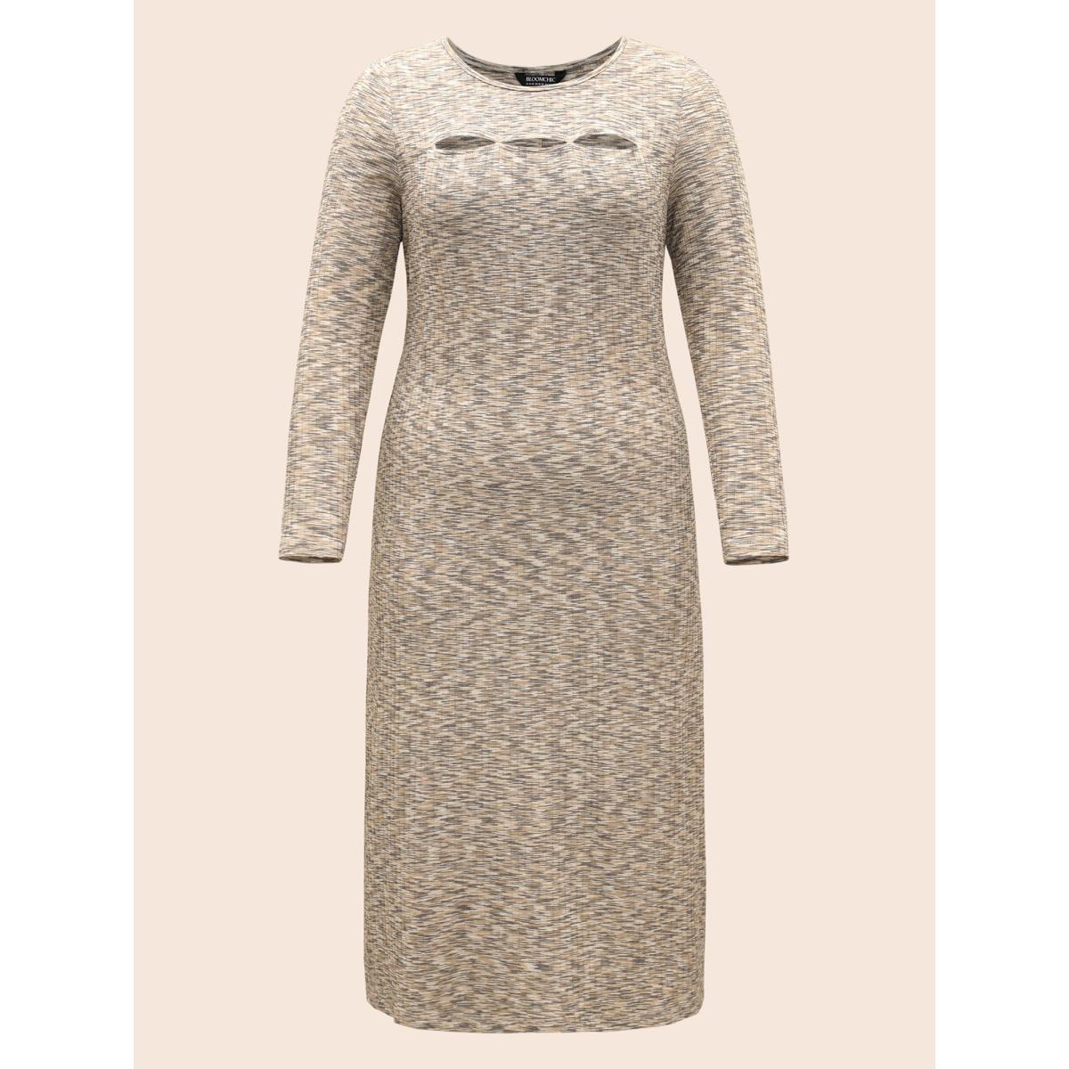 Plus Size Heather Pit Strip Cut Out Dress LightBrown Women Elegant Distressed Round Neck Extra Long Sleeve Curvy BloomChic 18-20/2X Product Image