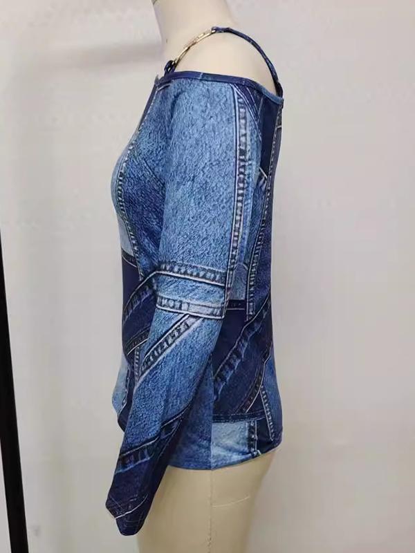 Long Sleeves Loose Asymmetric Printed Split-Joint Cold Shoulder T-Shirts Tops Product Image