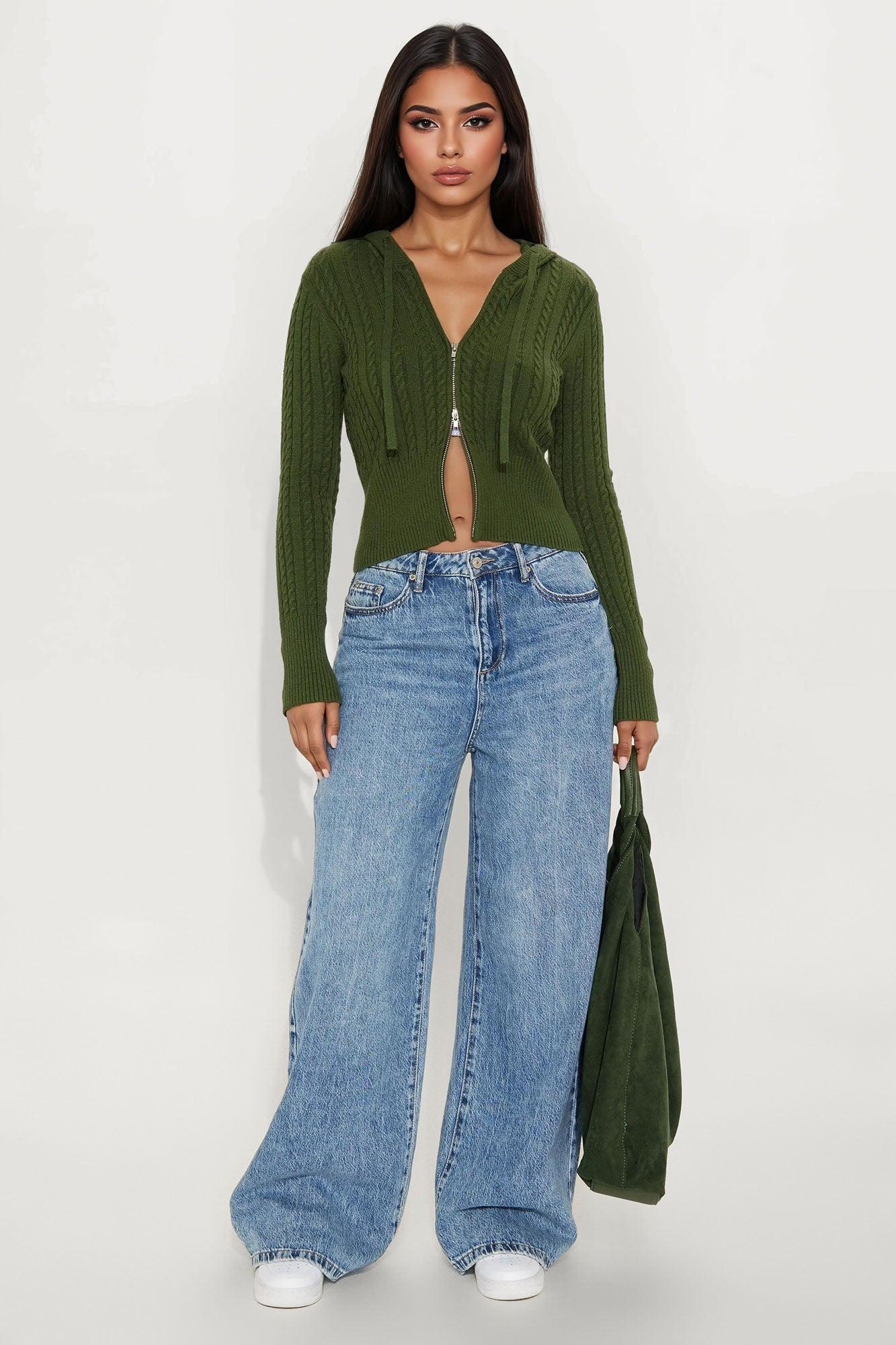 Kennedy Cable Knit Zip Front Hooded Sweater - Olive Female Product Image