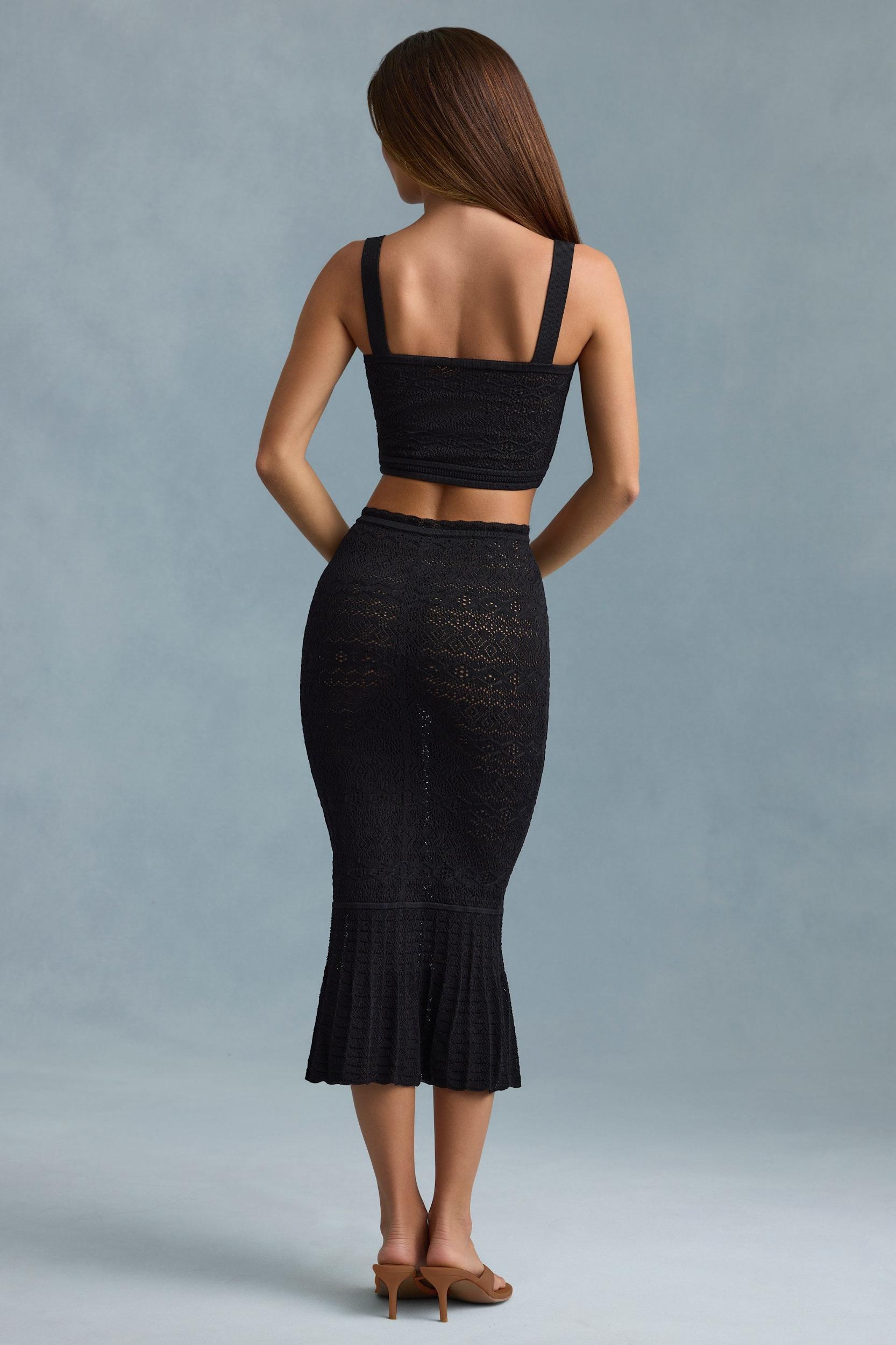 Ruffle-Trim Pointelle-Knit Midaxi Skirt in Black Product Image