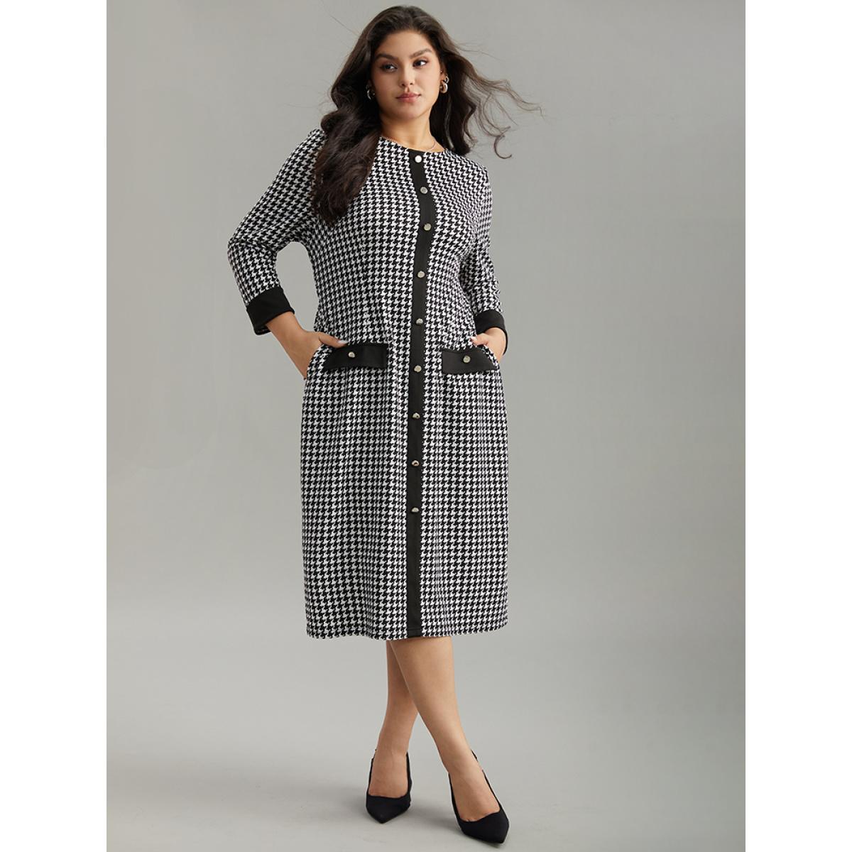 Plus Size :Houndstooth Pocket Button Detail Dress Black Women Office Contrast Round Neck Long Sleeve Curvy Midi Dress BloomChic 30/6X Product Image