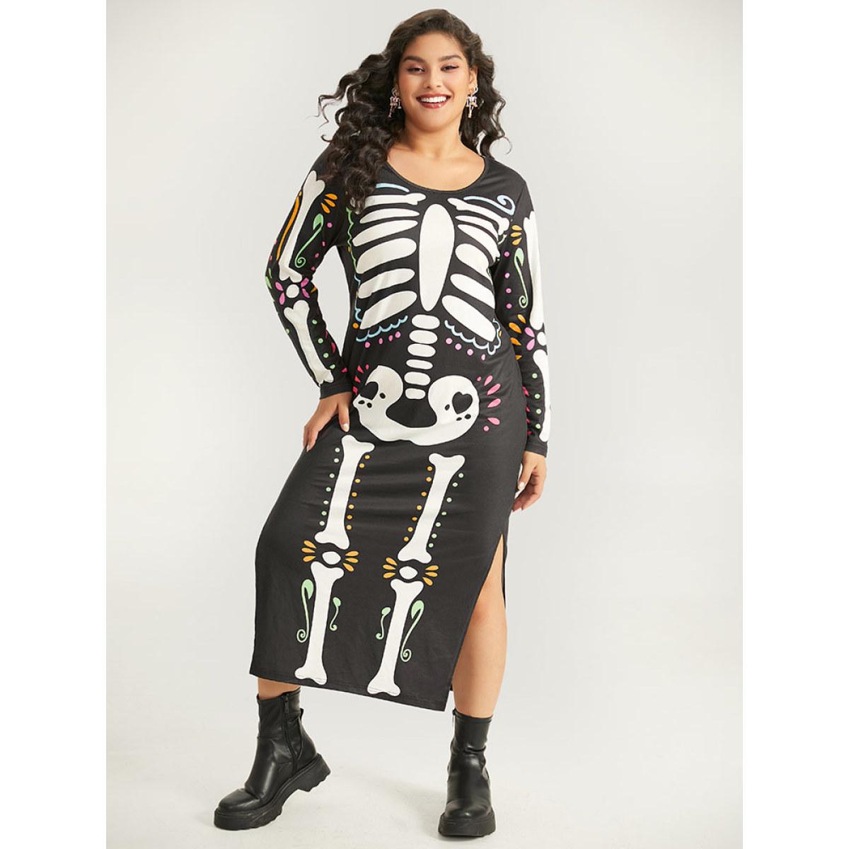 Plus Size Halloween Skull Print Round Neck Split Hem Dress Black Women Casual Printed Round Neck Long Sleeve Curvy Midi Dress BloomChic 14-16/1X Product Image