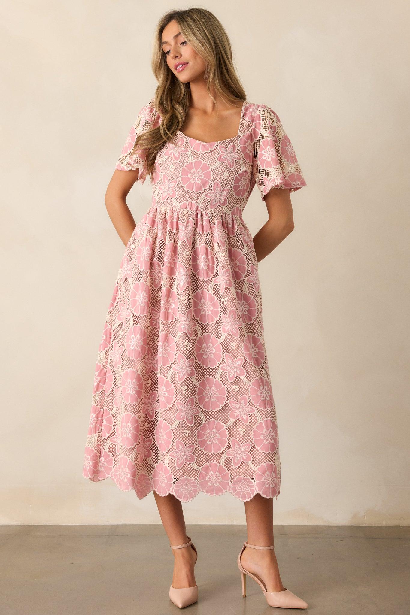 The Sweetest Rose Pink Embroidered Floral Midi Dress Product Image