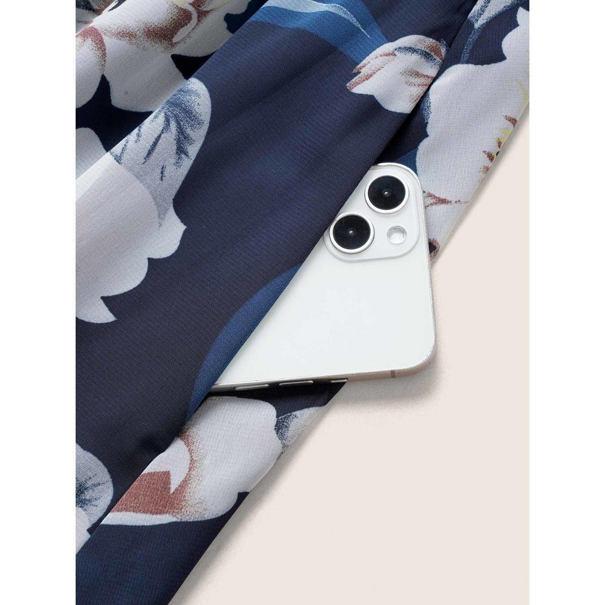 Plus Size Chiffon Floral Patchwork Ruched Hollow Out Dress DarkBlue Women Elegant Non Square Neck Short sleeve Curvy Midi Dress BloomChic 18-20/2X Product Image