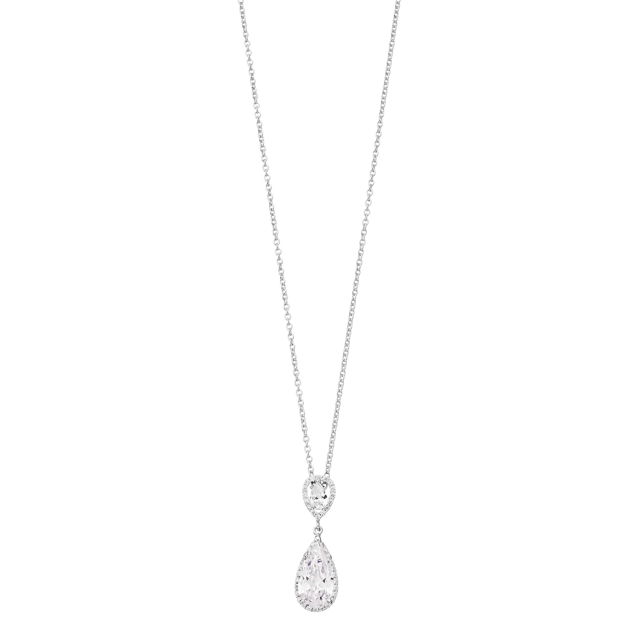 Sterling Silver with Rhodium-Plated Two Clear Pear with Round Cubic Zirconia Halo Necklace, Womens Product Image