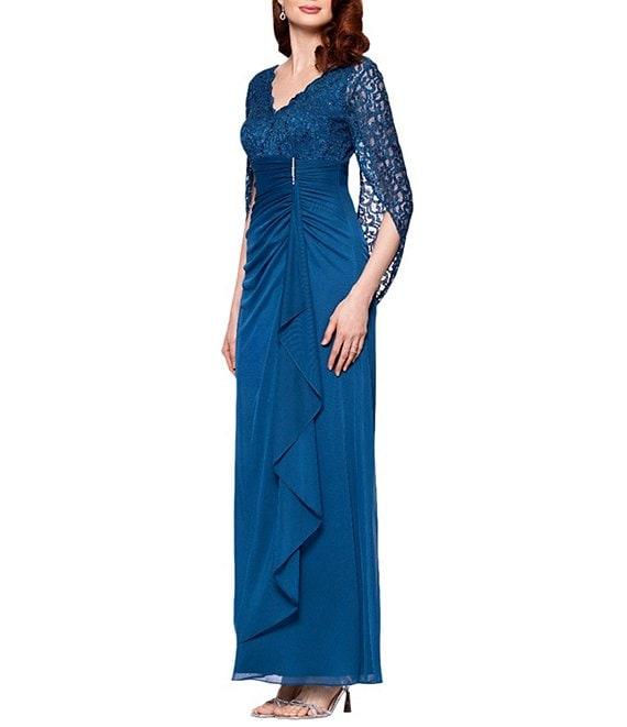 Betsy & Adam Lace Matte Jersey V Neck 3/4 Sleeve Draped Back Sheath Gown Product Image