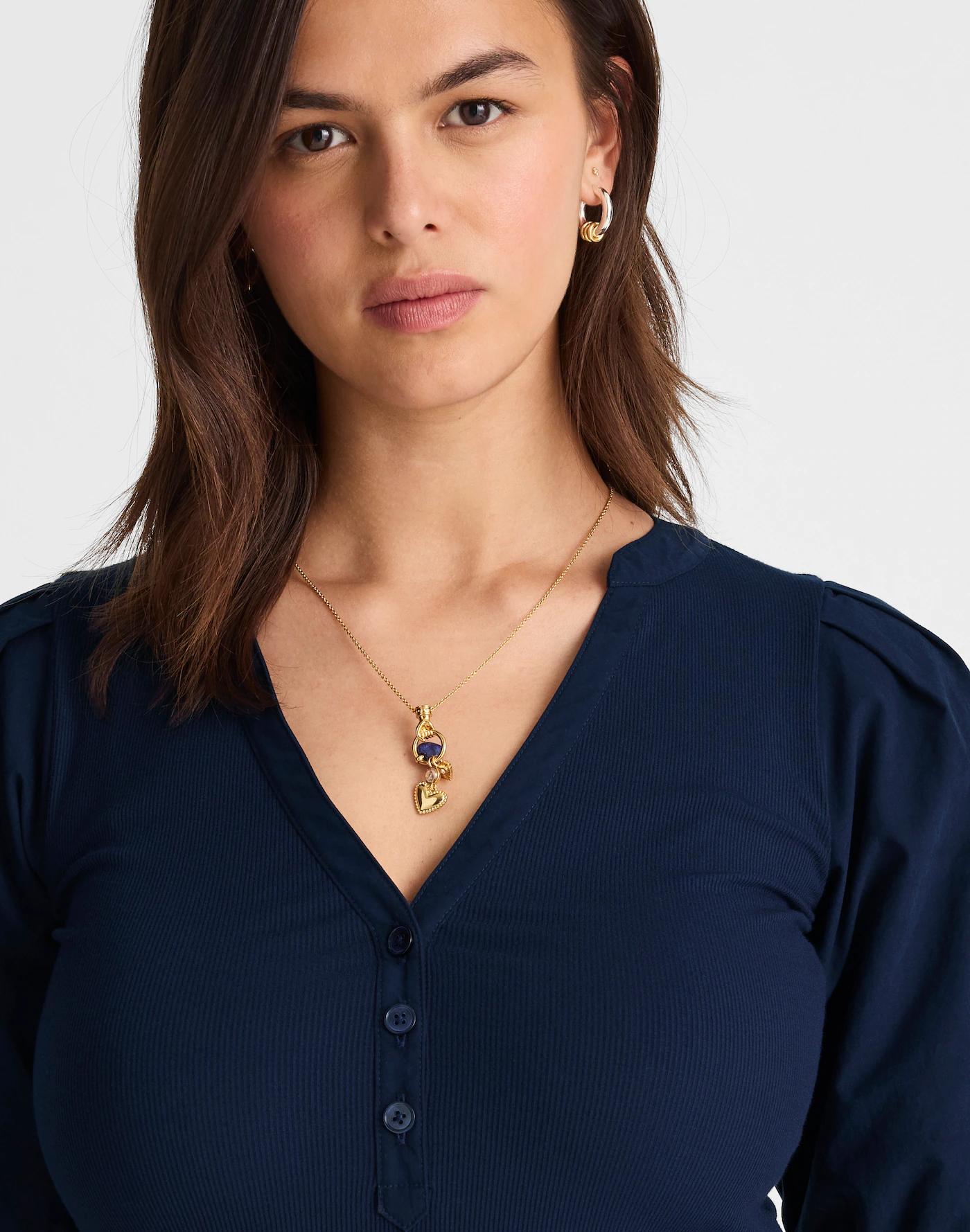 Puff-Sleeve Henley Knit Top Product Image