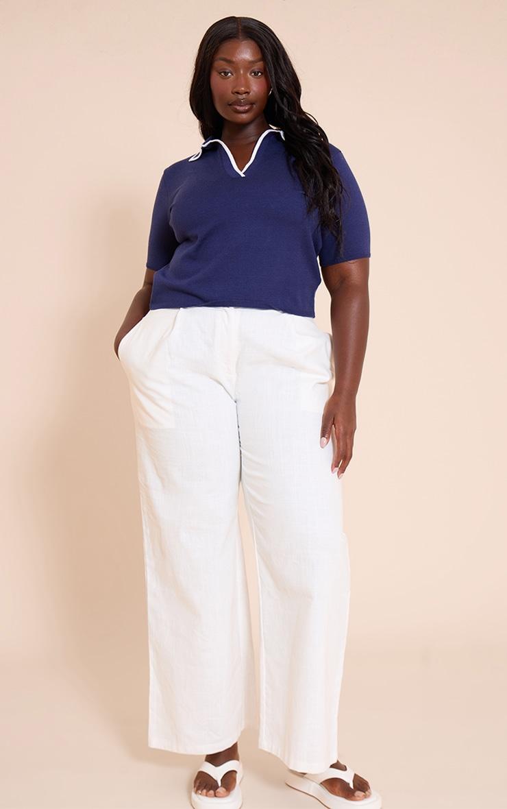 Plus Navy Knitted Contrast Polo Collar Top Product Image