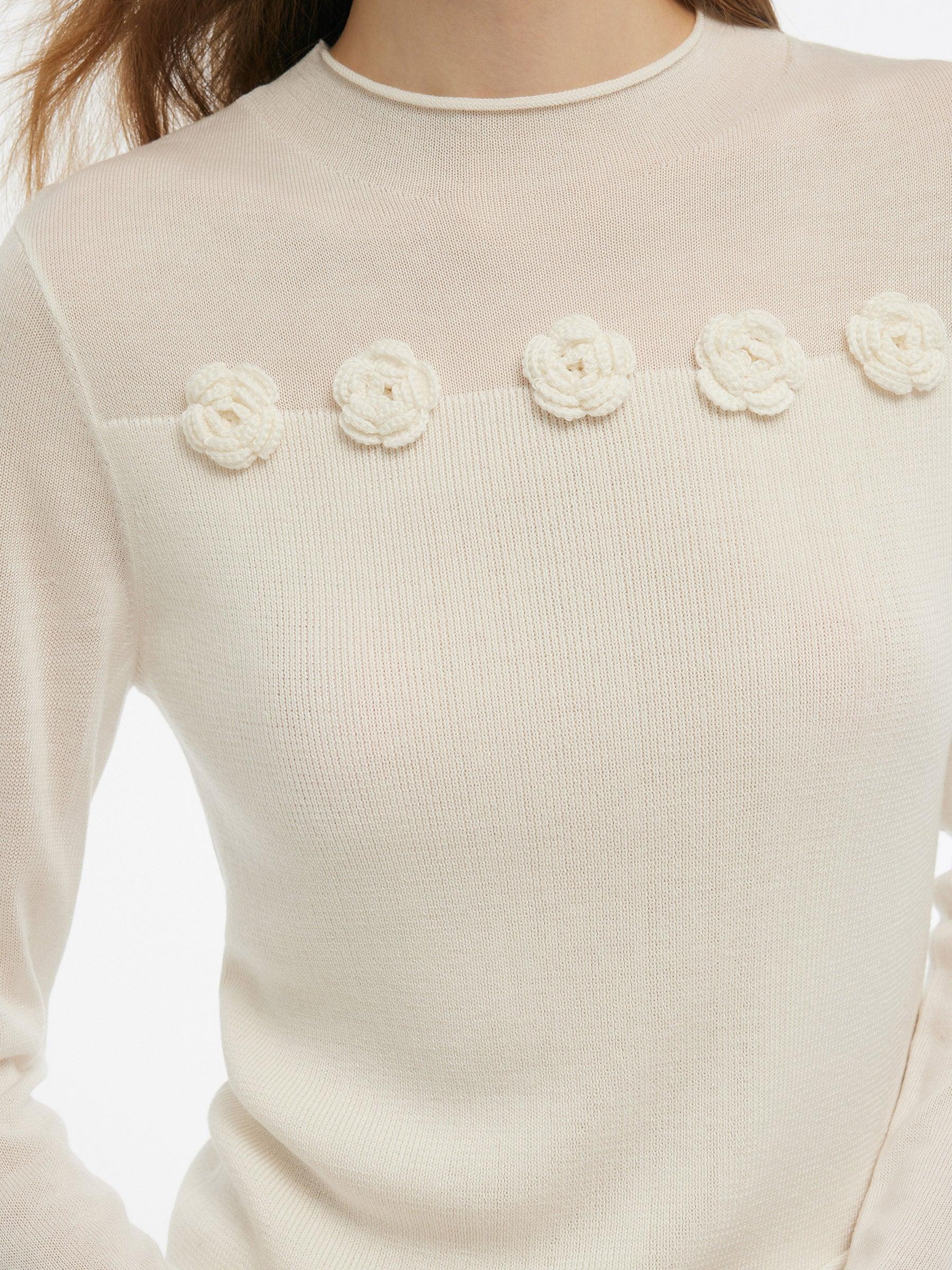 Tencel Wool Blend Women Flower Knit Top Product Image
