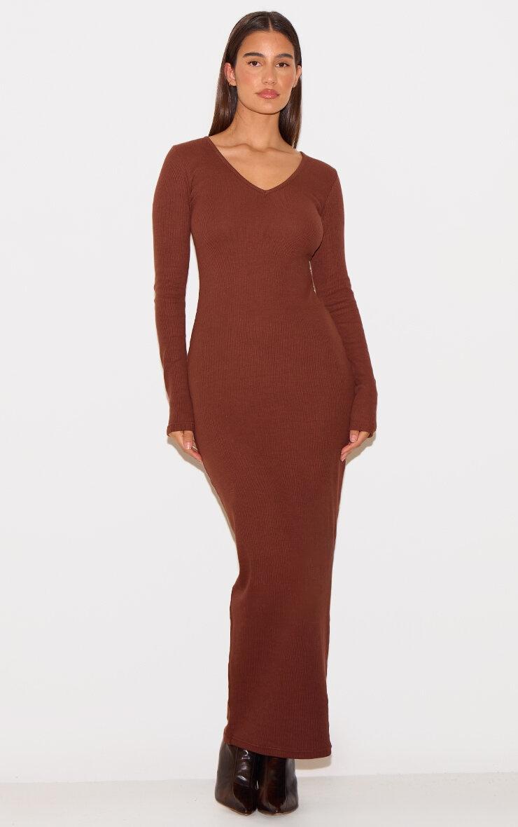 Chocolate Ribbed V Neck Long Sleeve Maxi Dress Product Image