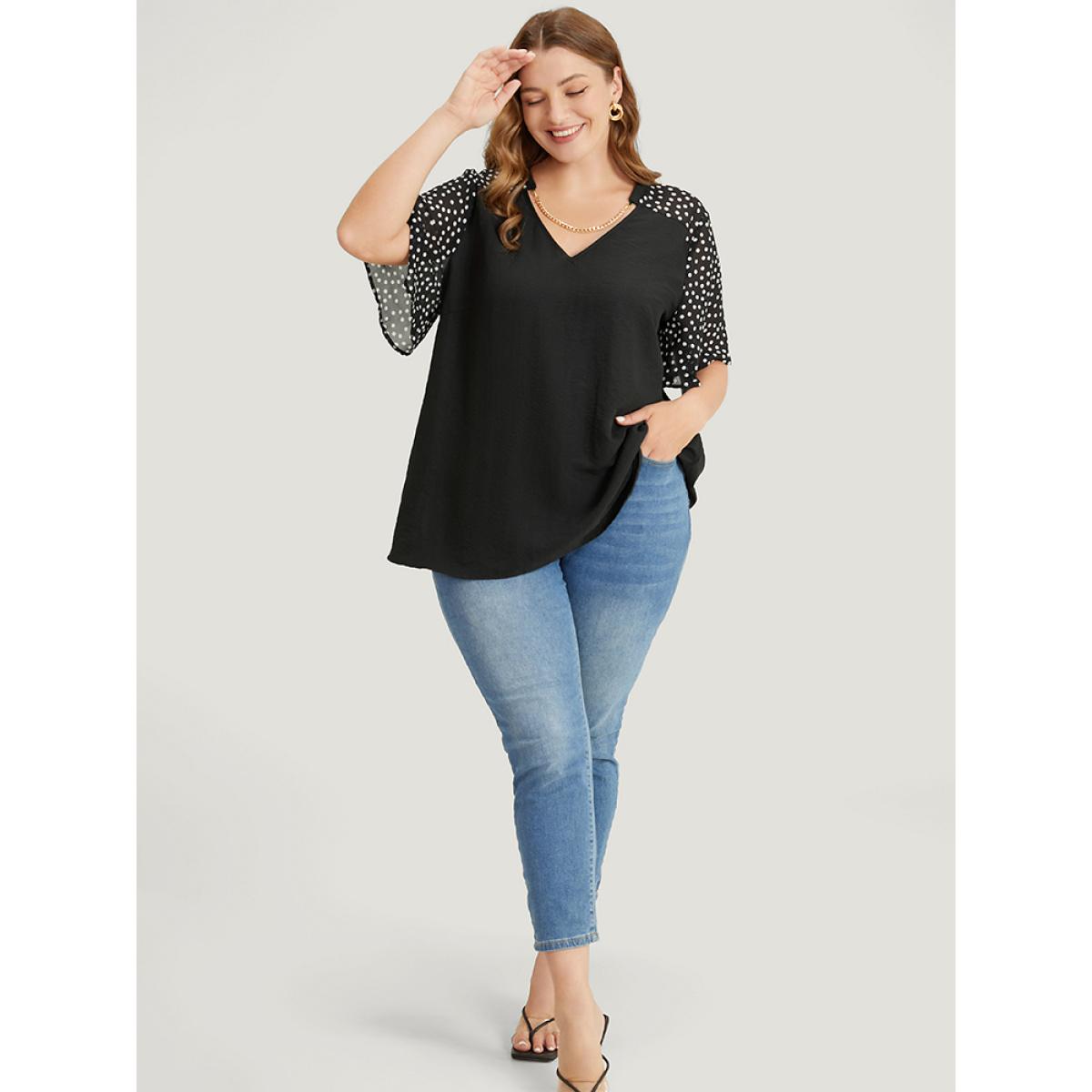 Plus Size Black Polka Dot Patchwork Flutter Sleeve Chain Detail Blouse Women Elegant Short sleeve V-neck Dailywear Blouses BloomChic 30/6X Product Image