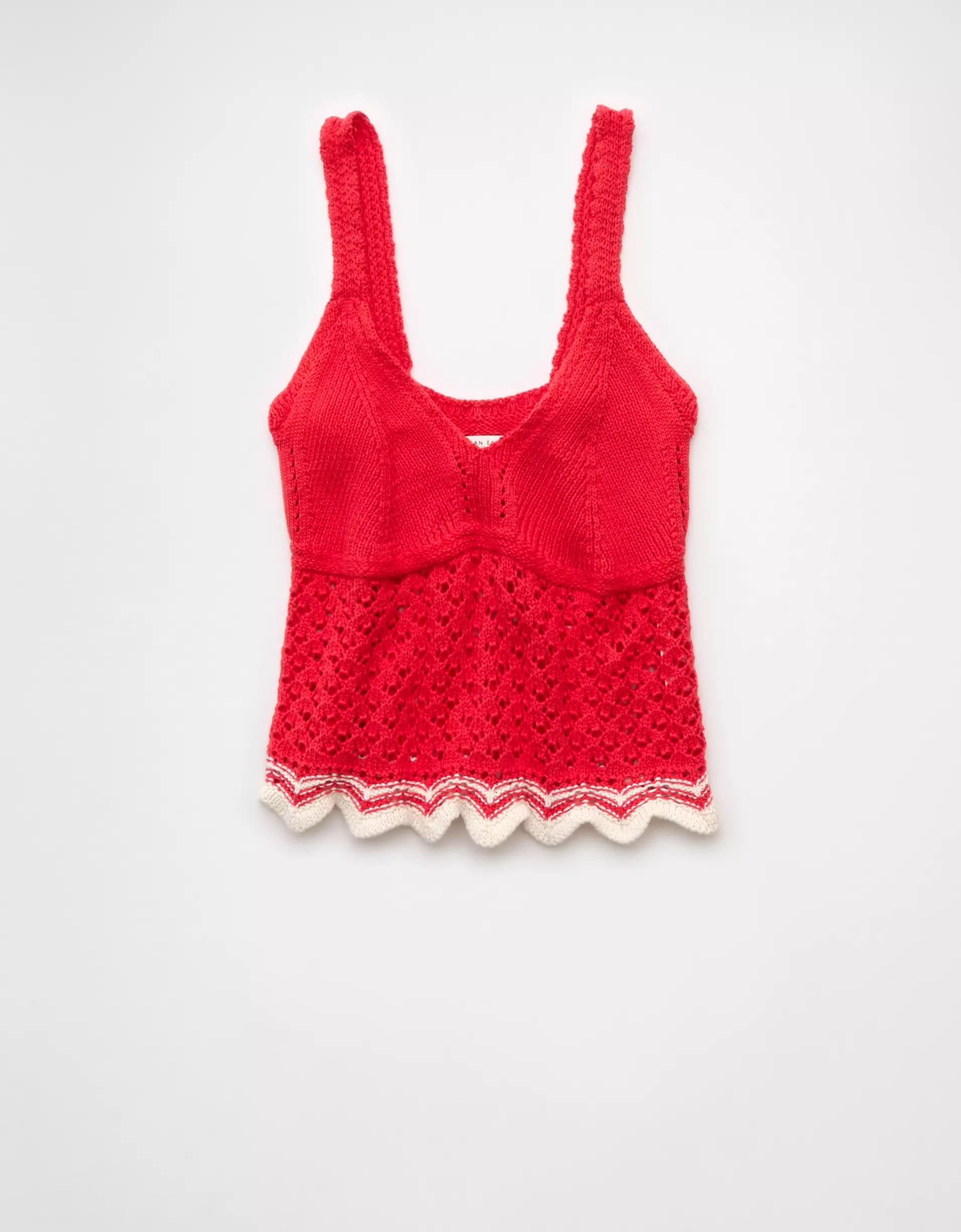 AE V-Neck Pointelle Scalloped Crochet Tank Top Product Image