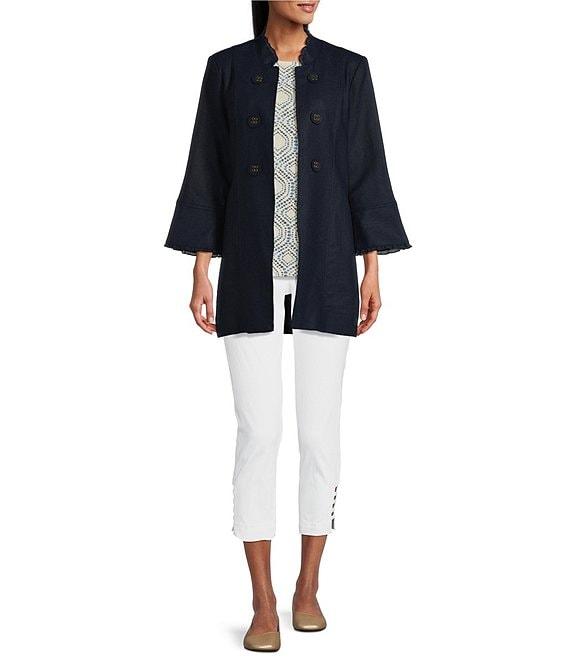 Multiples Linen-Blend Stand Collar 3/4 Flounce Sleeve Open Front Jacket Product Image