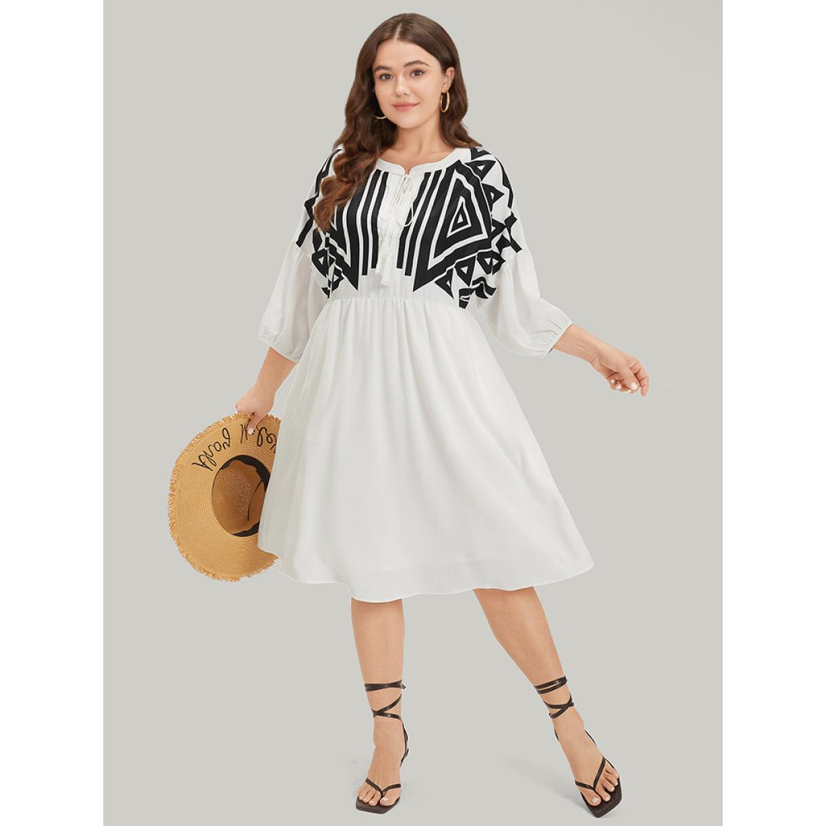 Plus Size Geometric Print Notched Ties Tassels Elastic Cuffs Dress White Women Vacation Elastic cuffs Notched collar Elbow-length sleeve Curvy Midi Dress BloomChic 30/6X Product Image