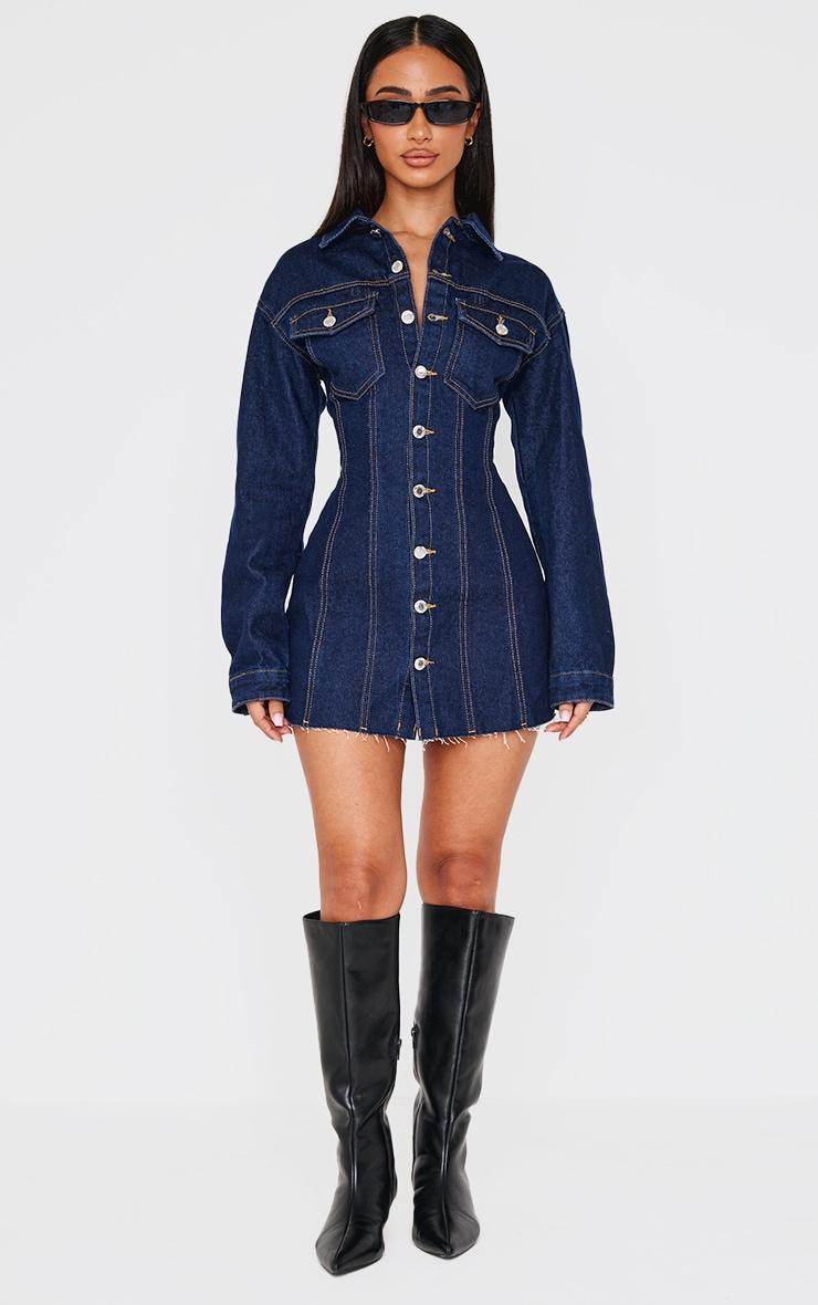 Petite Indigo Denim Long Sleeve Fitted Mini Dress Product Image
