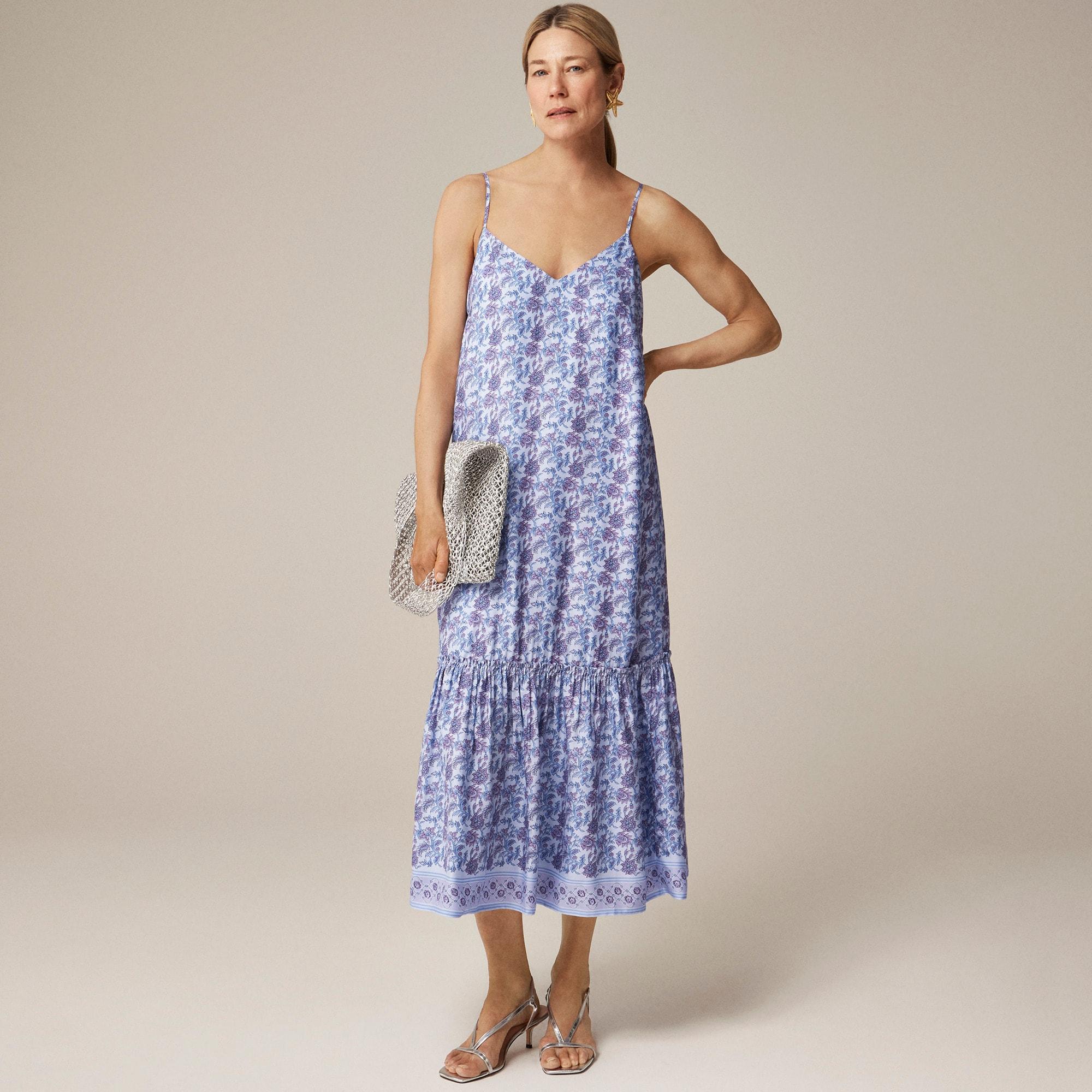 Tiered tie-waist dress in dusty periwinkle block print Product Image