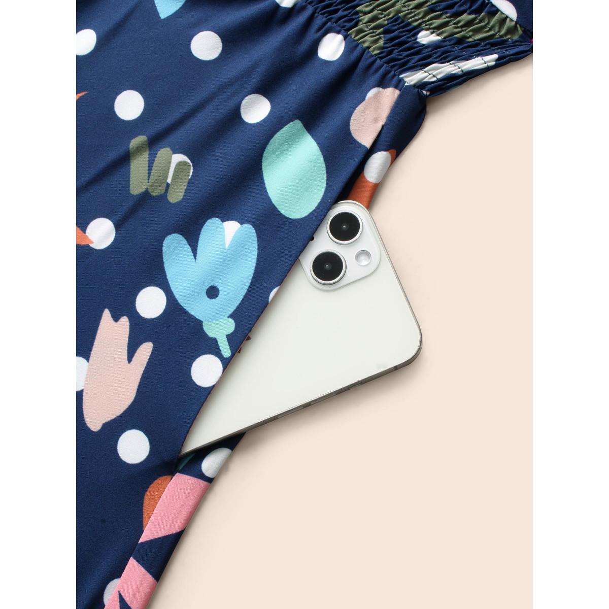 Plus Size Overlap Collar Polka Dot Floral Shirred Dress Multicolor Women Elegant Shirred Overlap Collar Elbow-length sleeve Curvy BloomChic 18-20/2X Product Image