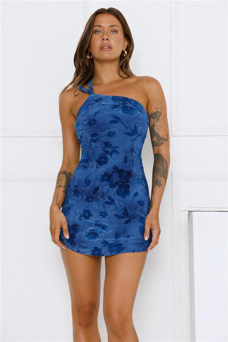 Velvet Daze One Shoulder Mesh Mini Dress Blue Product Image