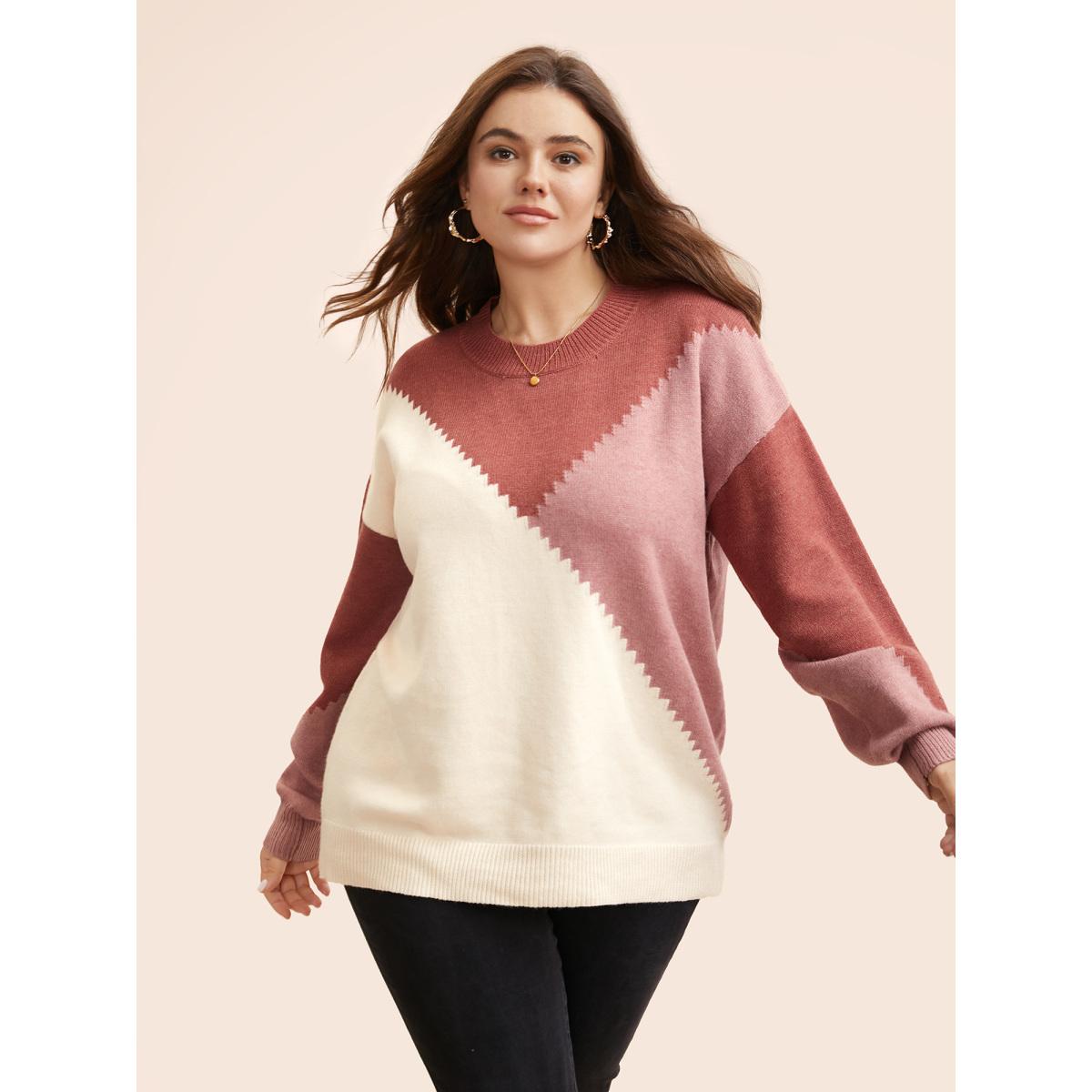 Plus Size Colorblock Contrast Round Neck Pullover DustyPink Women Casual Long Sleeve Round Neck Everyday Pullovers BloomChic 12/L Product Image
