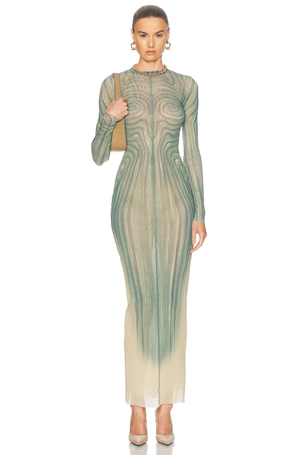 JEAN PAUL GAULTIER Mesh Long Dress With Spiral Print And Ruffles In Beige Product Image