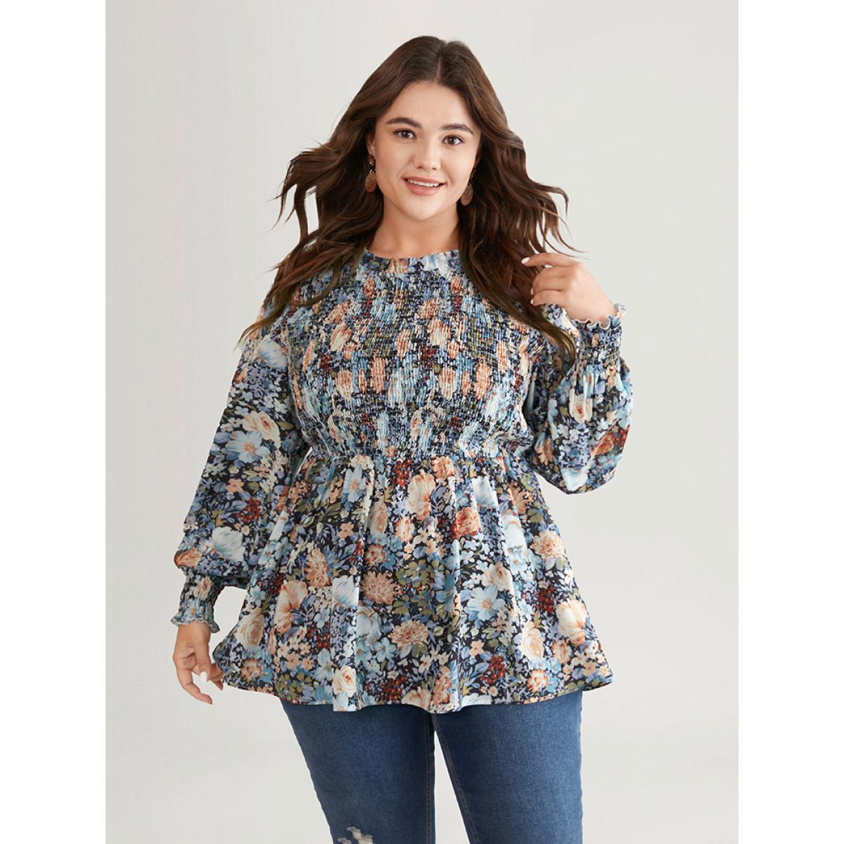 Plus Size Stone Floral Shirred Frill Trim Stand Collar Blouse Women Elegant Long Sleeve Stand-up collar Dailywear Blouses BloomChic 30/6X Product Image