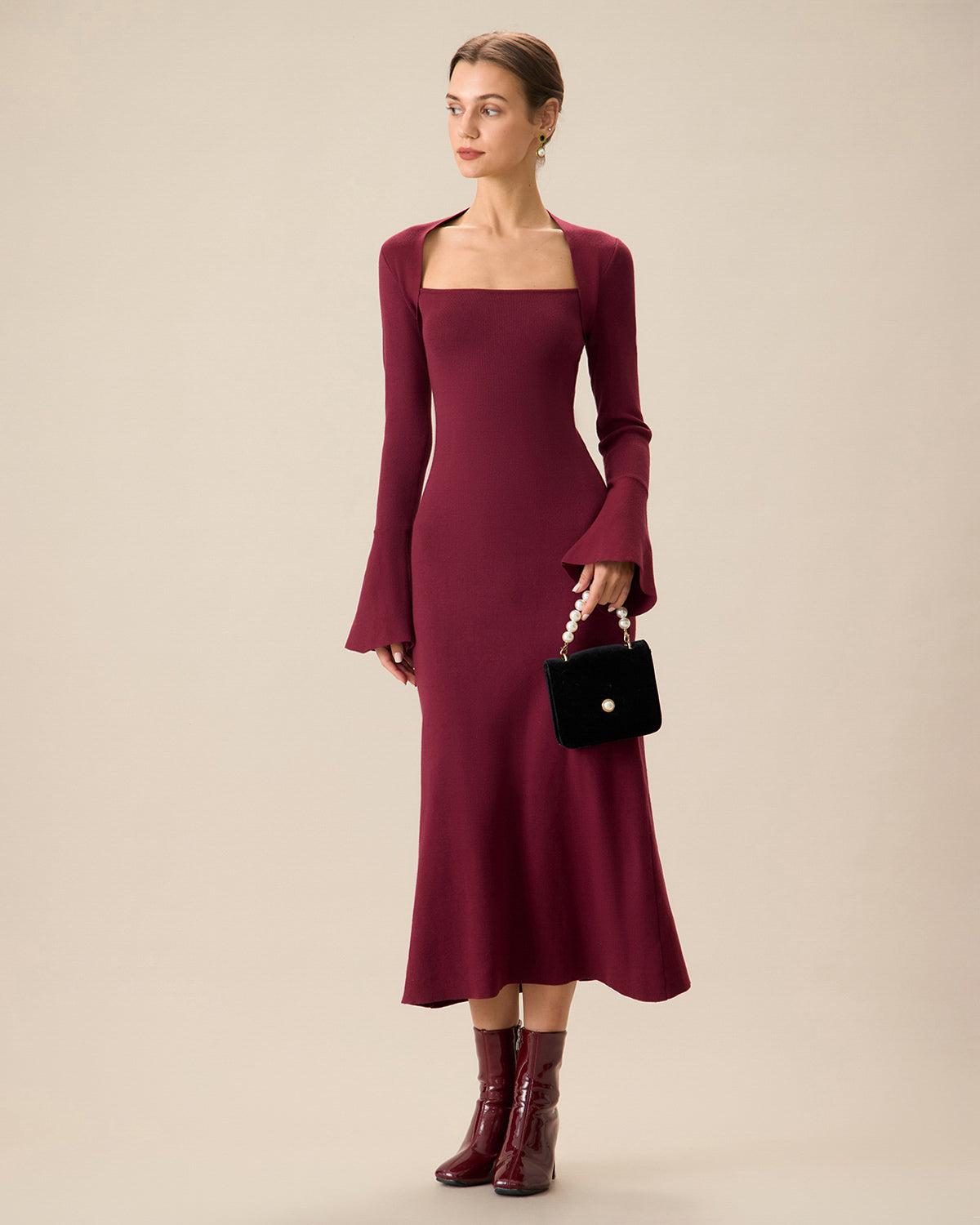 The Red Square Neck Flare Sleeve Midi Dress Product Image