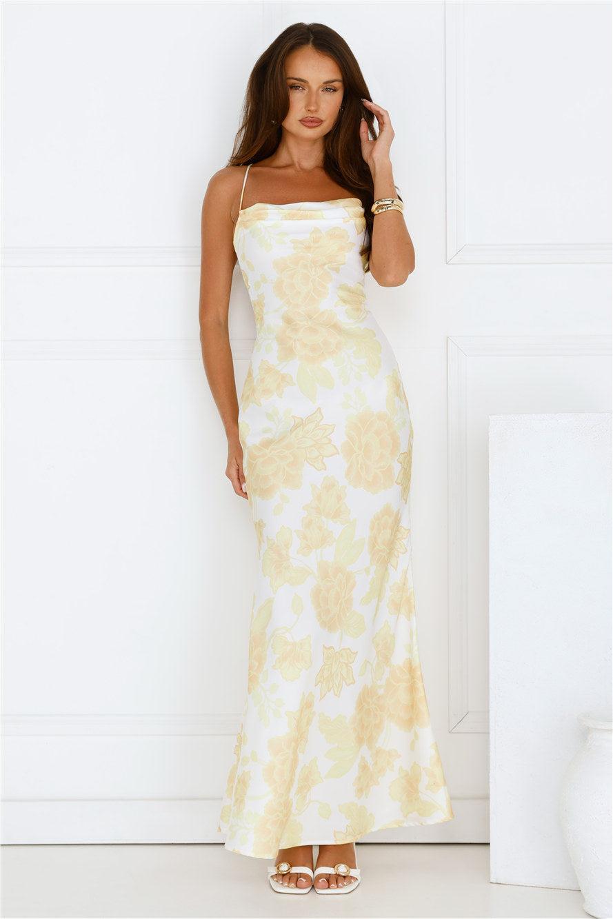 Floral Dreaming Satin Maxi Dress Yellow Product Image