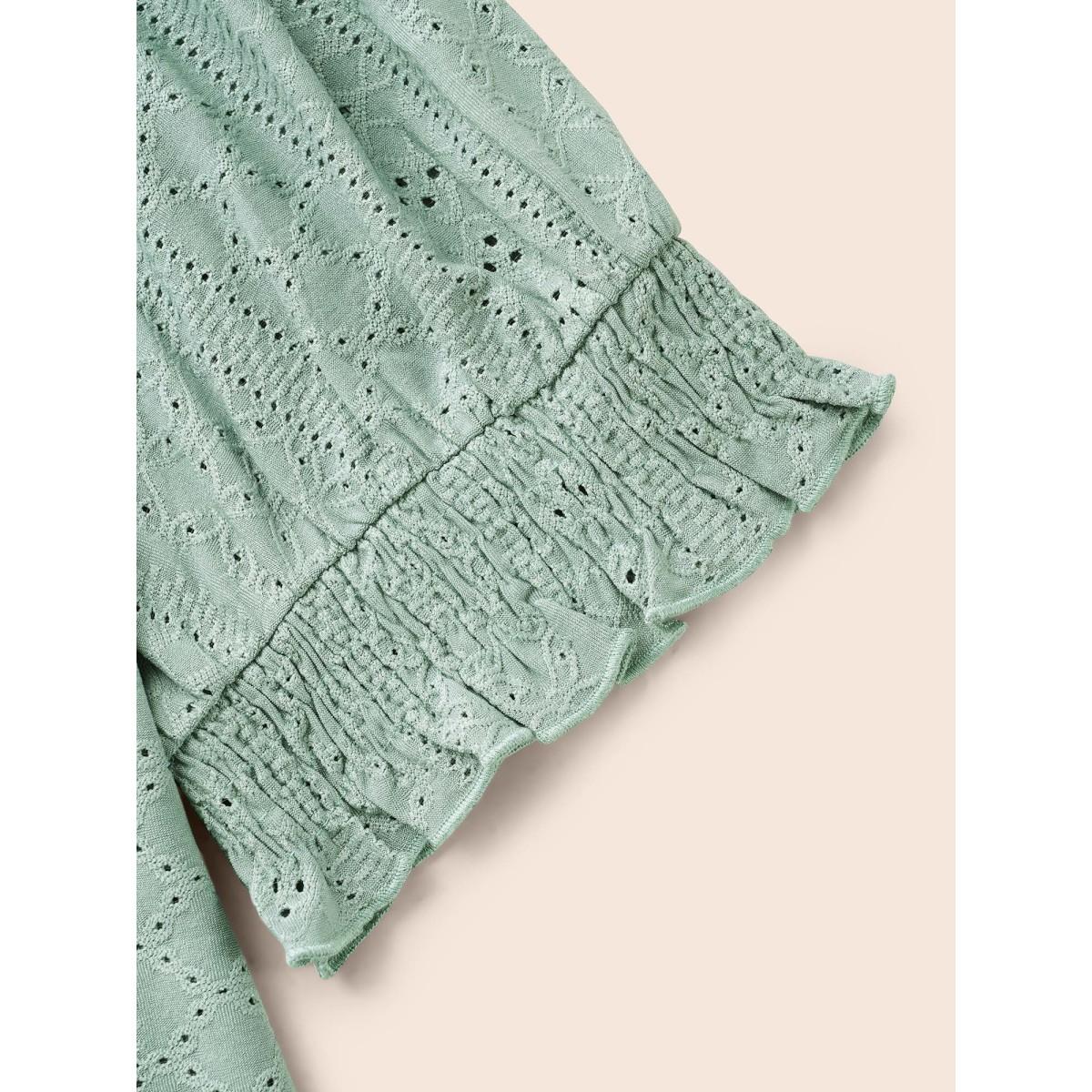 Plus Size Plain Broderie Anglaise Shirred Puff Sleeve Button Detail T-shirt Sage Women Casual Button Plain V-neck Everyday T-shirts BloomChic 26/4X Product Image