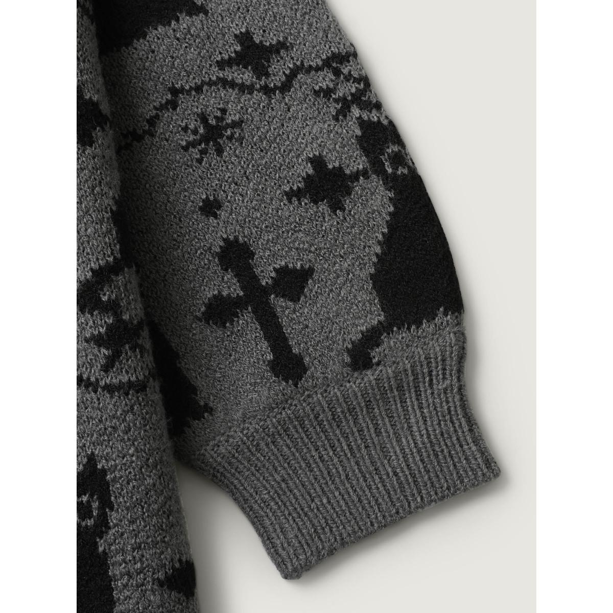 Plus Size Spooky Cat Puffy Sleeve Pullover Mediumgray Women Leisure Loose Long Sleeve Round Neck Casual Pullovers BloomChic 26/4X Product Image