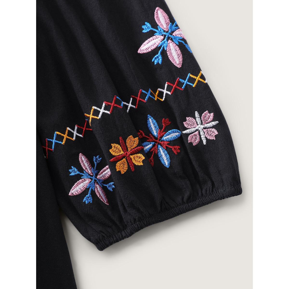 Plus Size Cotton Embroidered High-Waist Midi Dress Black Women Boho Notched collar Long Sleeve Curvy BloomChic 10/M Product Image