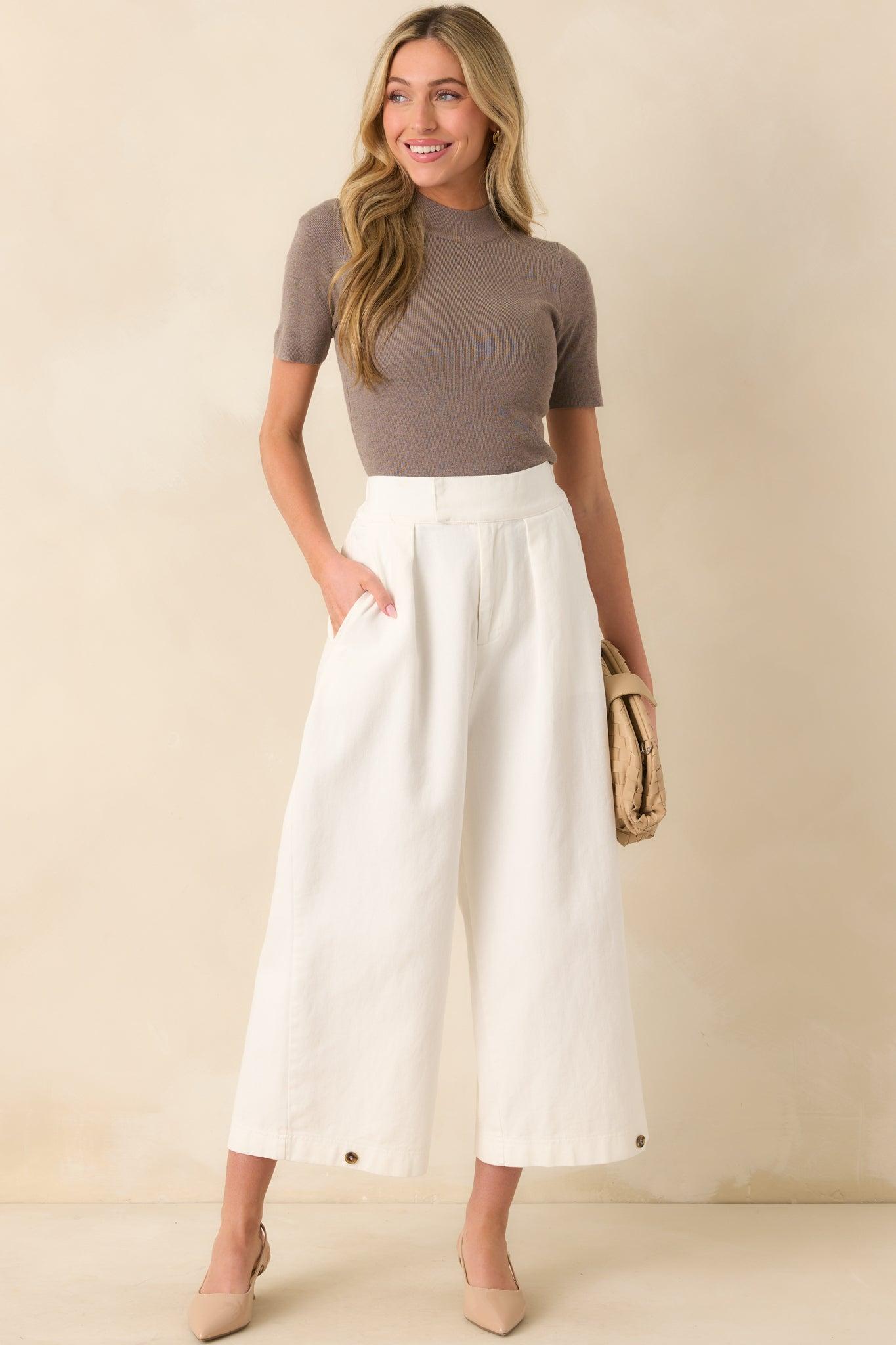 Without Thinking Dark Taupe Ribbed Mock Neck Short Sleeve Top L / Dark Taupe Product Image