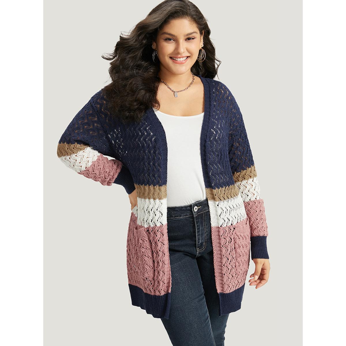 Plus Size Colorblock Eyelet Patched Pocket Cardigan Multicolor Women Casual Loose Long Sleeve Dailywear Cardigans BloomChic 26/4X Product Image