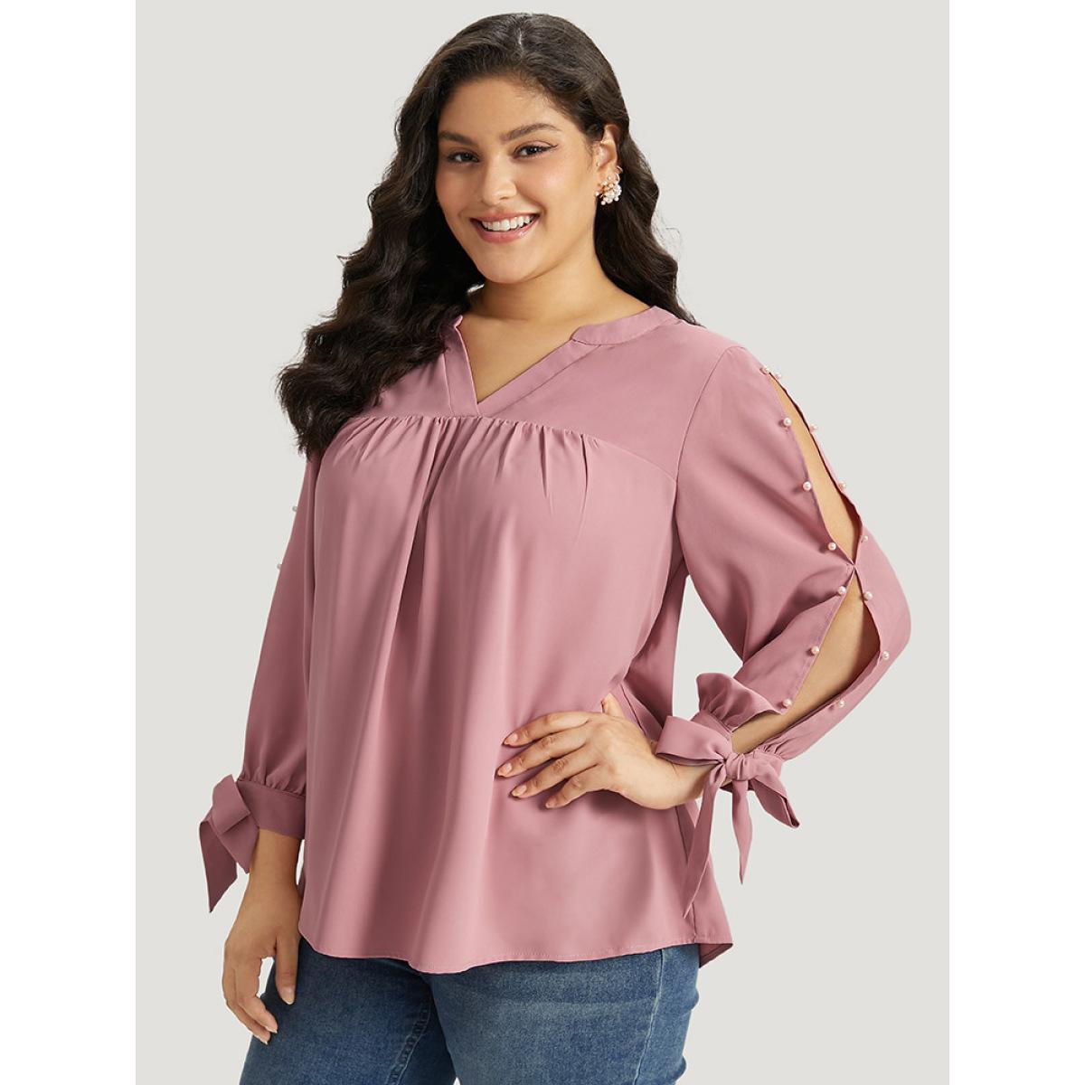Plus Size DustyPink Plain Pleated Ties Beaded Notched Blouse Women Elegant Long Sleeve Notched collar Dailywear Blouses BloomChic 18-20/2X Product Image